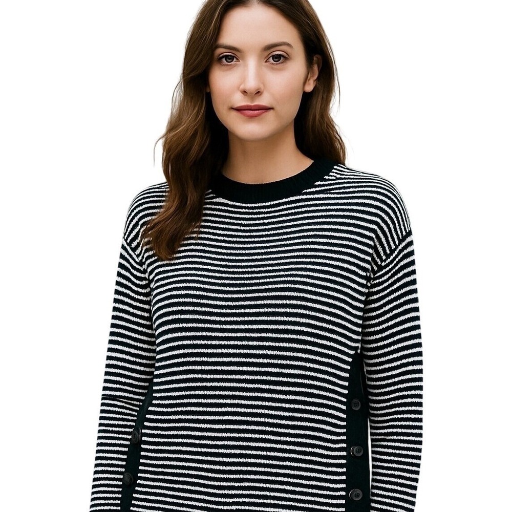 Lord & Taylor Striped Sweater with Side Buttons Casual Chic Black White XS Nwot